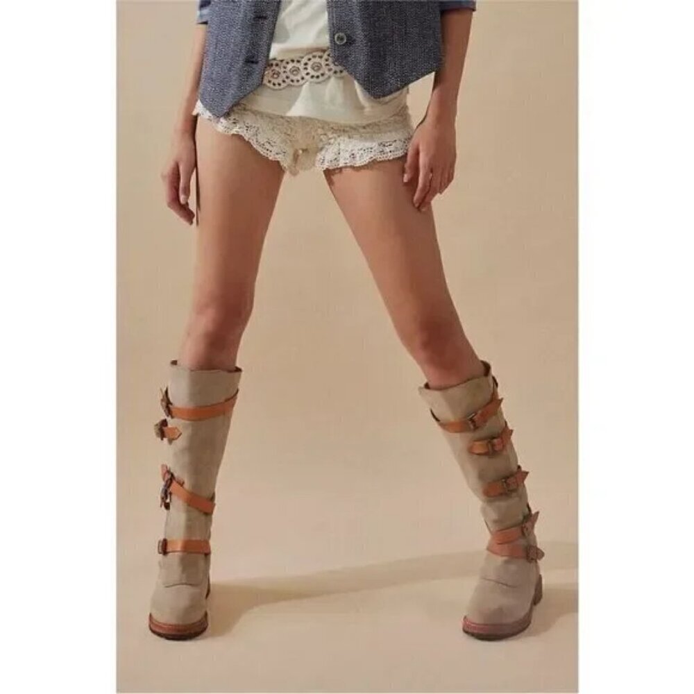 Free People Tristie Buckle Straps Knee High Boots Suede Lug